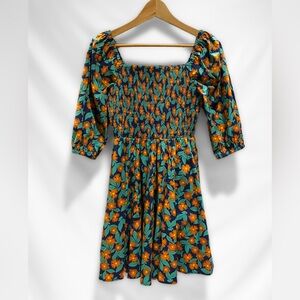 Melloday Smocked Floral-Print Navy Dress, size S